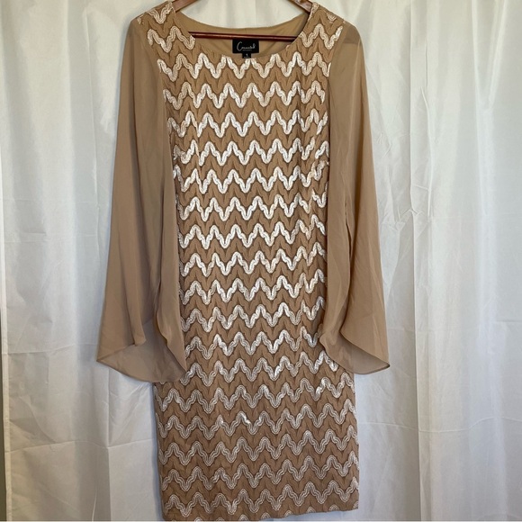 CONNECTED APPAREL Women’s Tan Cream Lace Sheath Dress Flowy Long Sleeve Size 8 - Picture 1 of 14